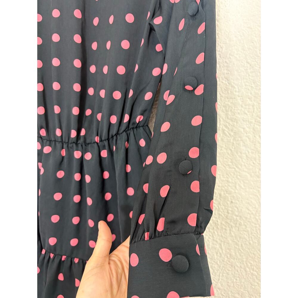 Zara Black Pink Polka Dot Long Sleeve Mini Dress Size XS Asymmetrical Button - Picture 11 of 14